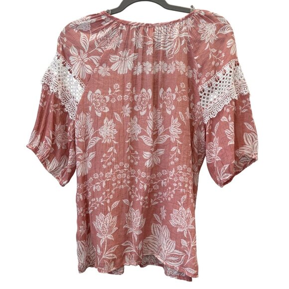 Palm Rio Womens Floral Peasant Blouse L Pink White Lace 3/4 Sleeves Flowy - Picture 3 of 6